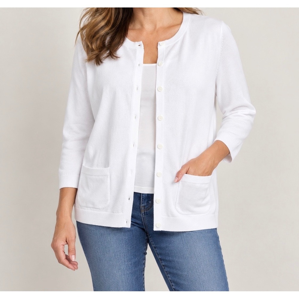 Talbots Cardigan Sweater Womens XL White Pima Cotton 3/4 Sleeve Pocket Classic